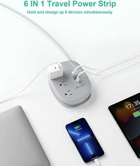 Portable Travel Power Strip with USB C and 3ft Wrapped Cord