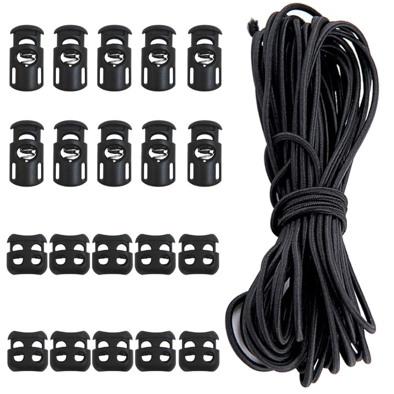 20 Pcs Plastic Cord Locks Kit Elastic Bungee Nylon Shock Cord 1/8" 50 Ft Lengt