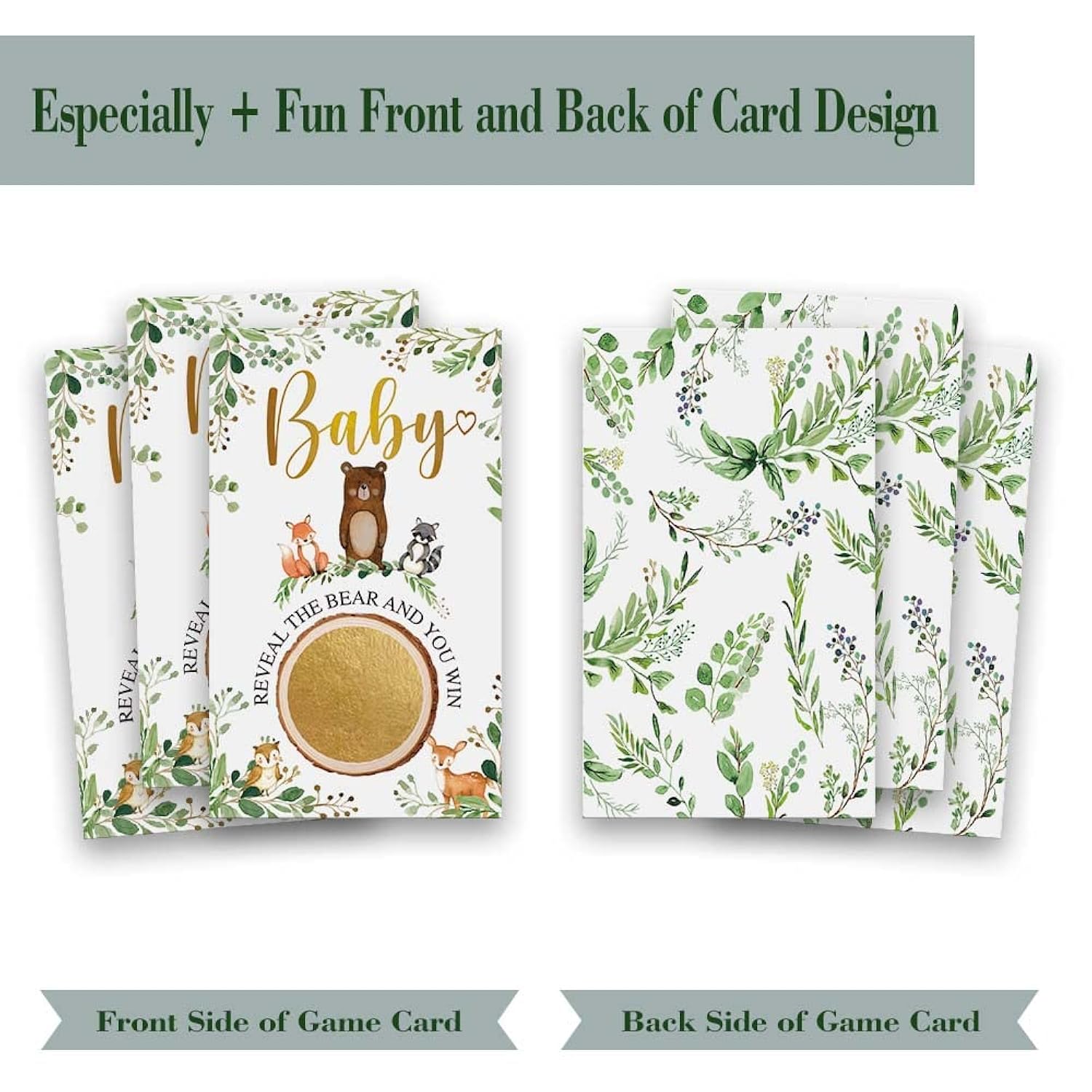 50 Pieces Woodland Baby Shower Scratch Off Game, Woodland Forest Animals Neutral Boy Girl Baby Shower Decorative Set, Printed Reveal Raffle Games Prizes Tickets Drawings Activity