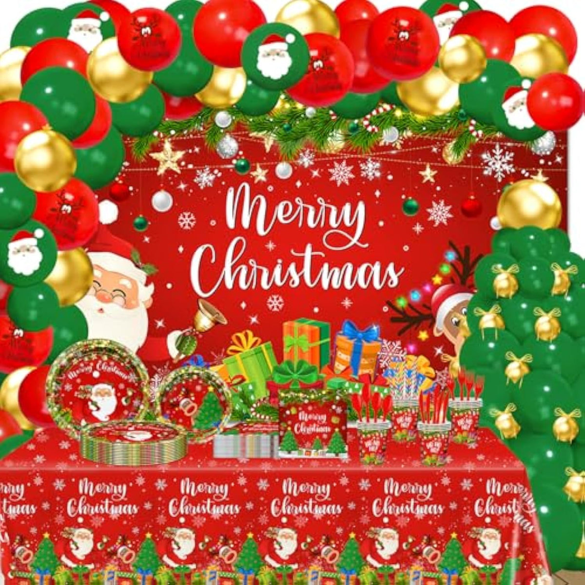 Christmas Party Decorations 345 Pcs Santa Tableware Paper Plates Napkins Serve 24 Merry Christmas Backdrop Tablecloth Balloons Arch Friendsmas Holiday Xmas Party Supplies