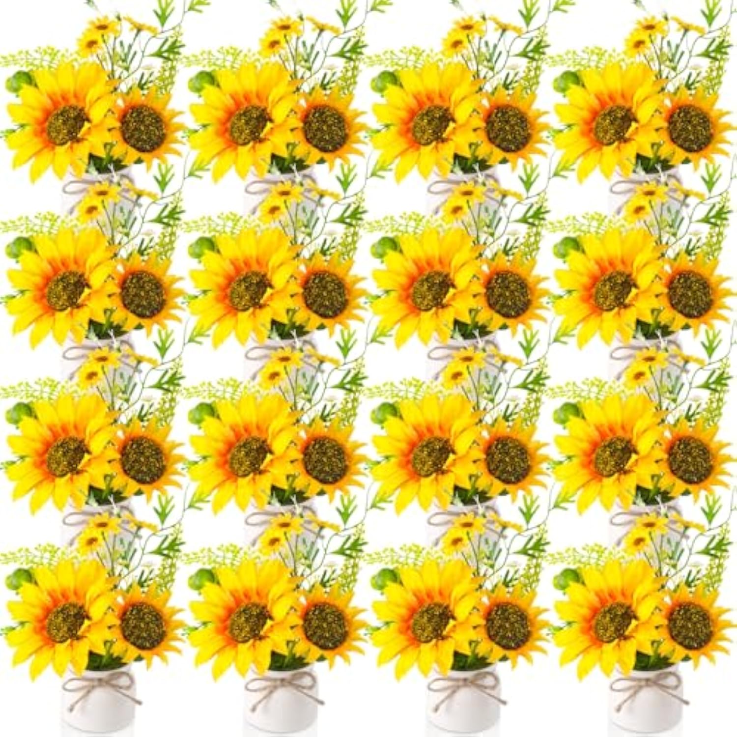 16 Pcs Artificial Sunflower Potted Plants Rustic Silk Sunflowers For Kitchen Spring Centerpieces For Tables Yellow Fake Flower With Plastic Pot For Summer Bathroom Wedding Office (White)