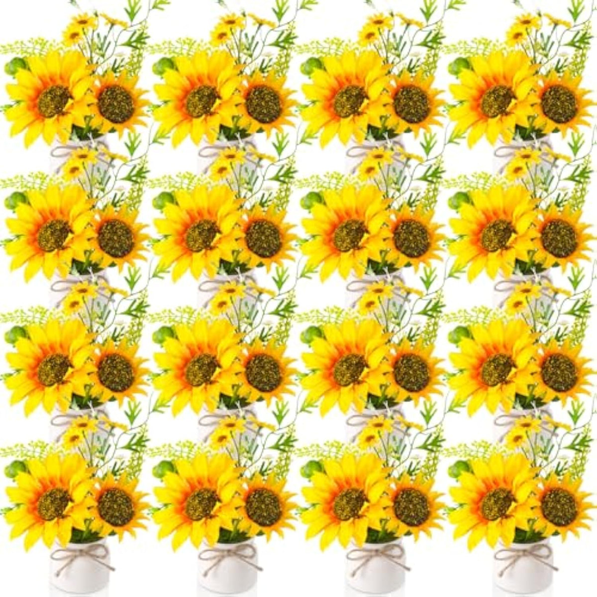 16 Pcs Artificial Sunflower Potted Plants Rustic Silk Sunflowers For Kitchen Spring Centerpieces For Tables Yellow Fake Flower With Plastic Pot For Summer Bathroom Wedding Office (White)