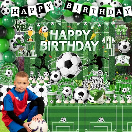 Soccer Birthday Party Decorations,276pcs Soccer Party Decorations Soccer Birthday Plates Napkins Cups Tablecloth Backdrop Cake Topper Balloon Arch for Soccer Party Supplies,Serve 24