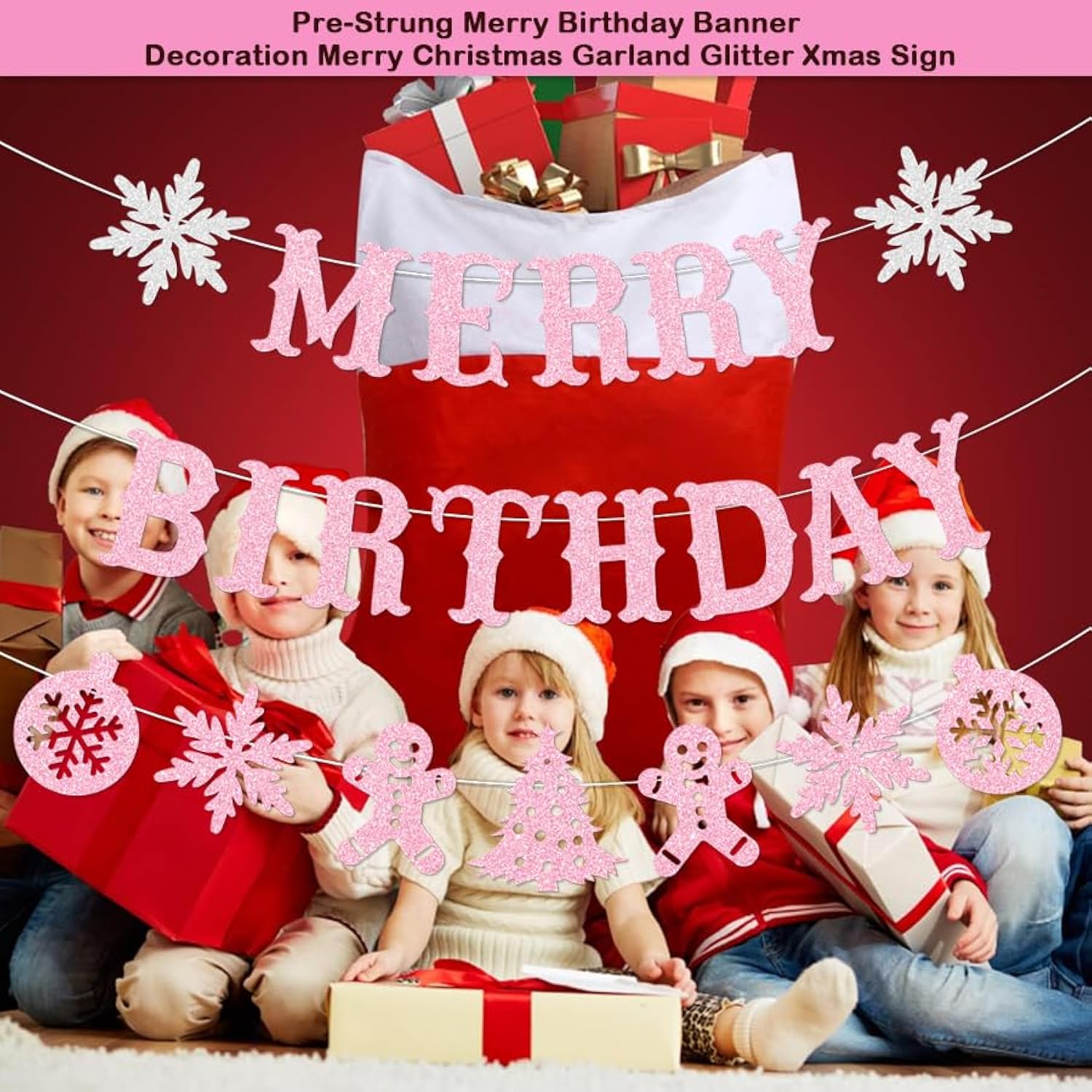 Pre-Strung Merry Birthday Banner Decorations Glitter Pink Christmas Xmas Tree Decoration Happy Birthday Baby Shower Vacation Holiday Party No Diy
