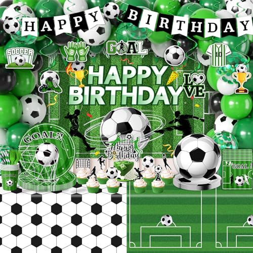 Soccer Birthday Party Decorations,276pcs Soccer Party Decorations Soccer Birthday Plates Napkins Cups Tablecloth Backdrop Cake Topper Balloon Arch for Soccer Party Supplies,Serve 24