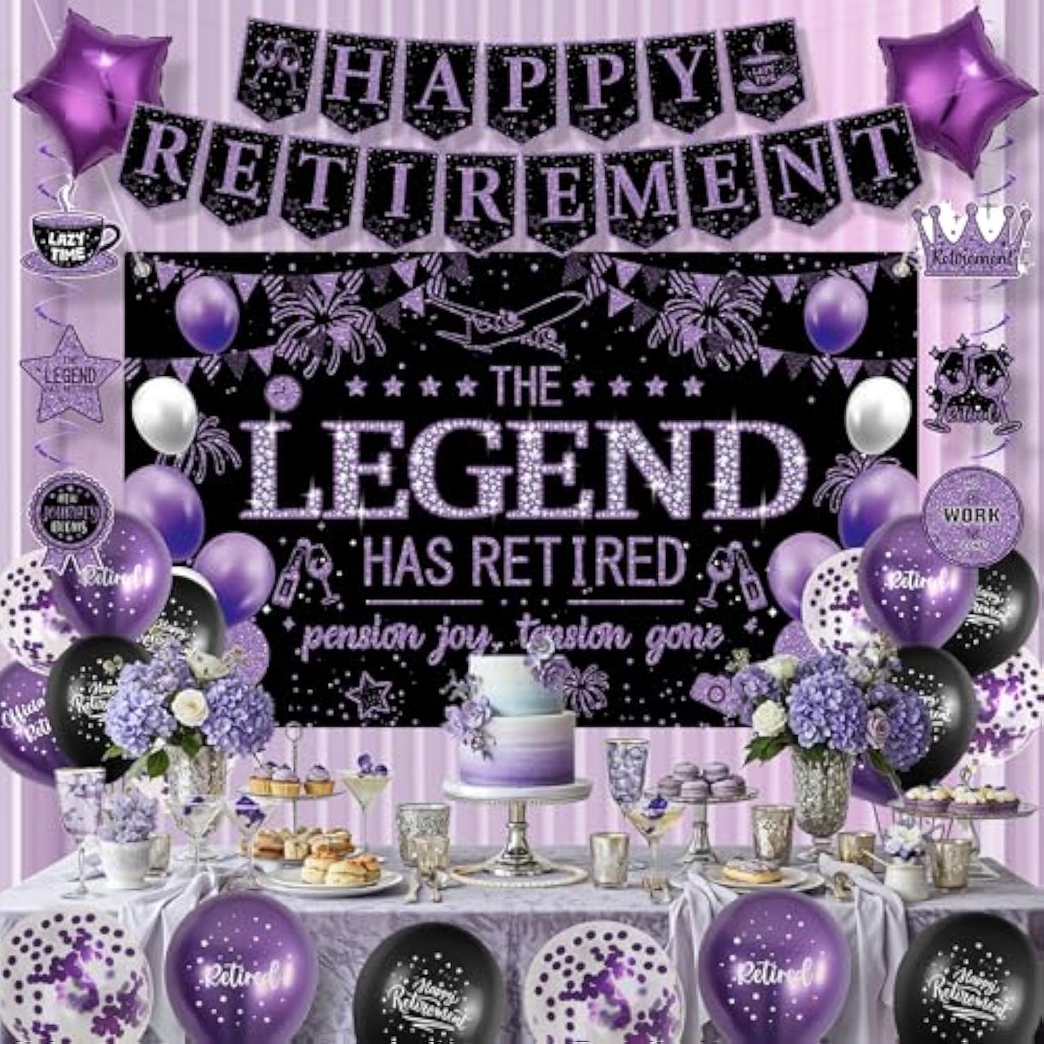 Retirement Party Decorations Women, Black And Purple Happy Retirement Banner Backdrop Balloons Hanging Swirls For Coworker, Lengend Has Retired Sash & Crown, Office Retired Background