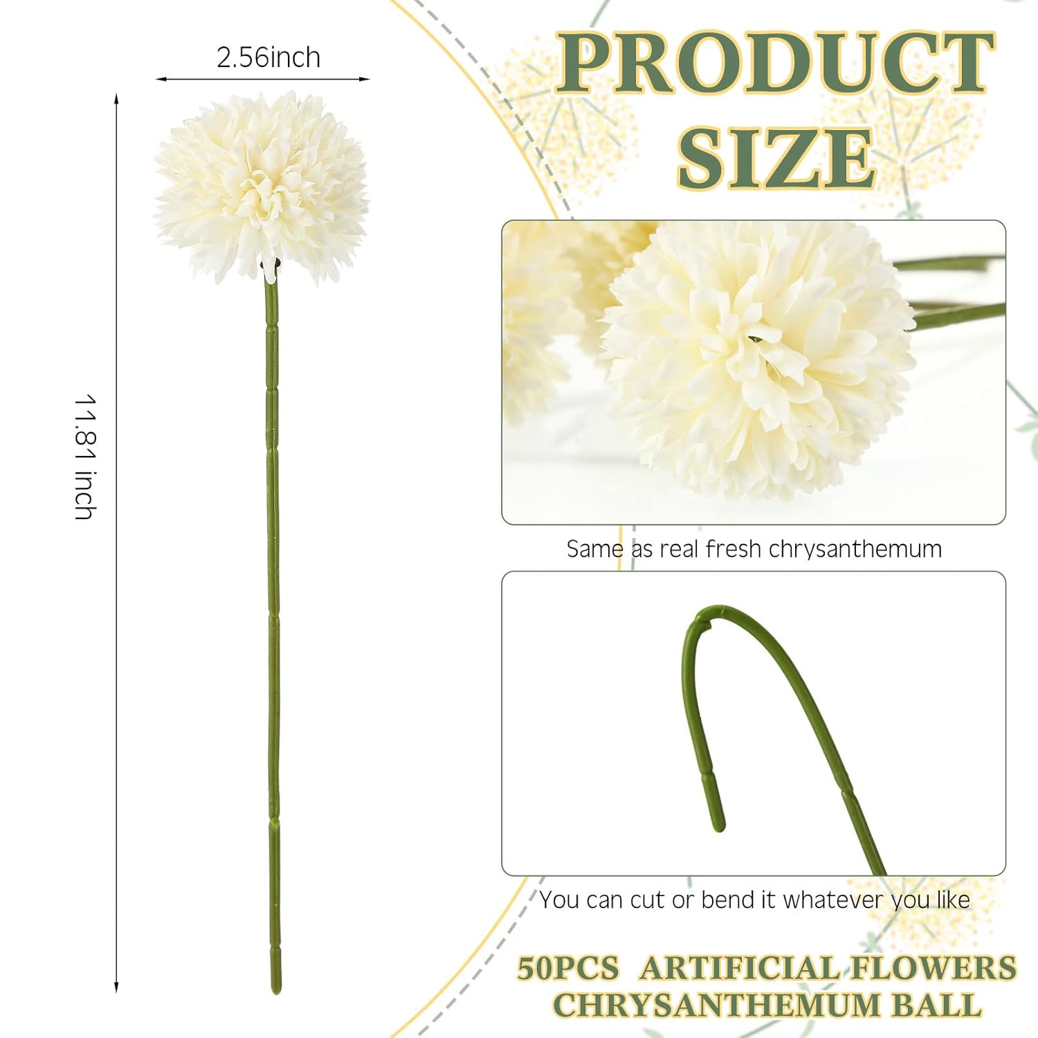 50 Pcs Artificial Flowers Chrysanthemum Ball Fake Flowers Lifelike Artificial Chrysanthemum Ball For Diy Wedding Bouquets Bridal Shower Table Centerpieces Home Kitchen Garden (White)