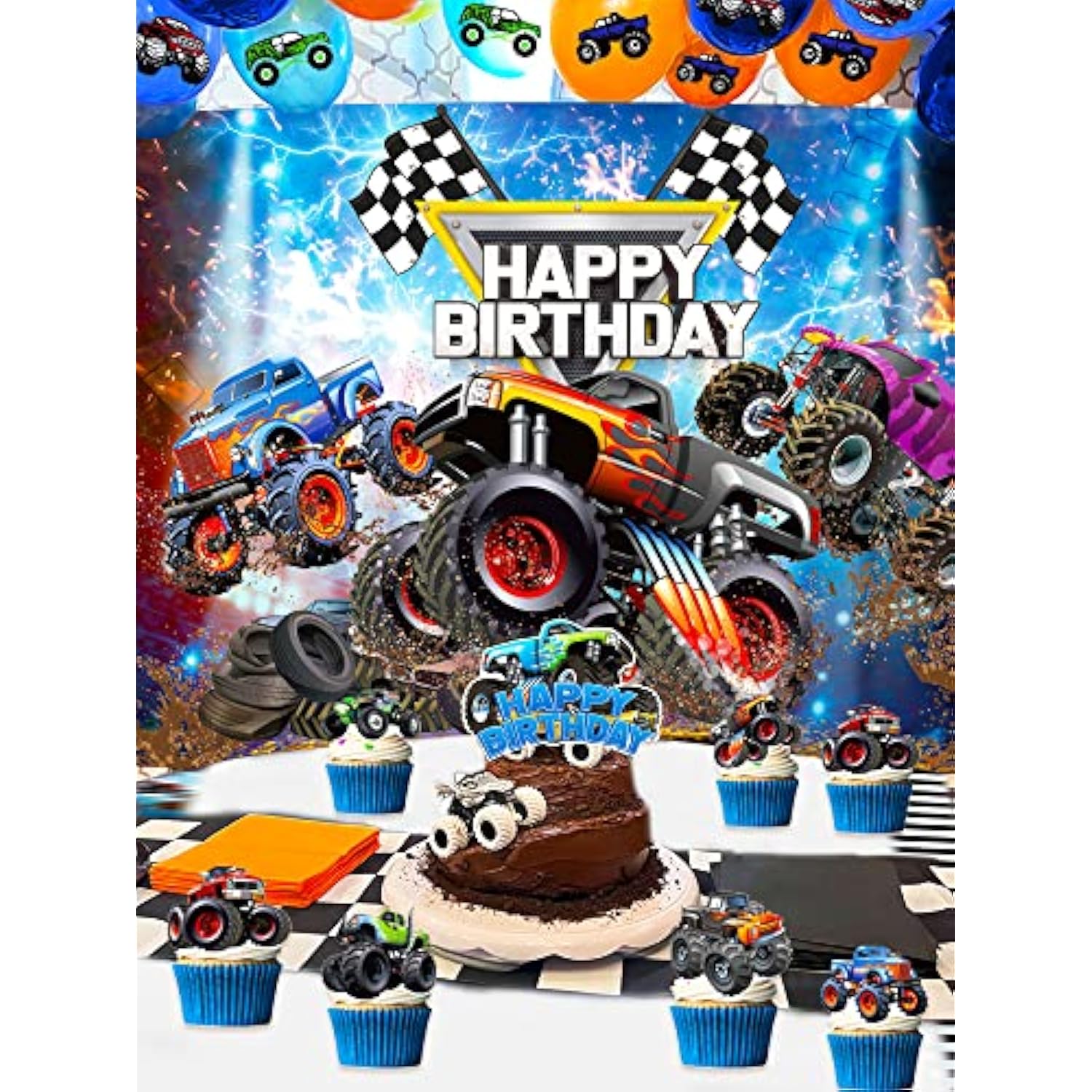 63 Pcs Monster Truck Birthday Supplies with Backdrop, Balloons, Tablecloth & Toppers