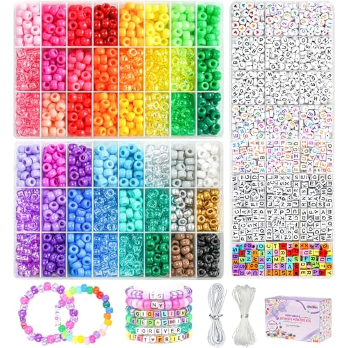 4200pcs Pony Beads Kit – 48 Colors & Letters w/ String for Jewelry Making