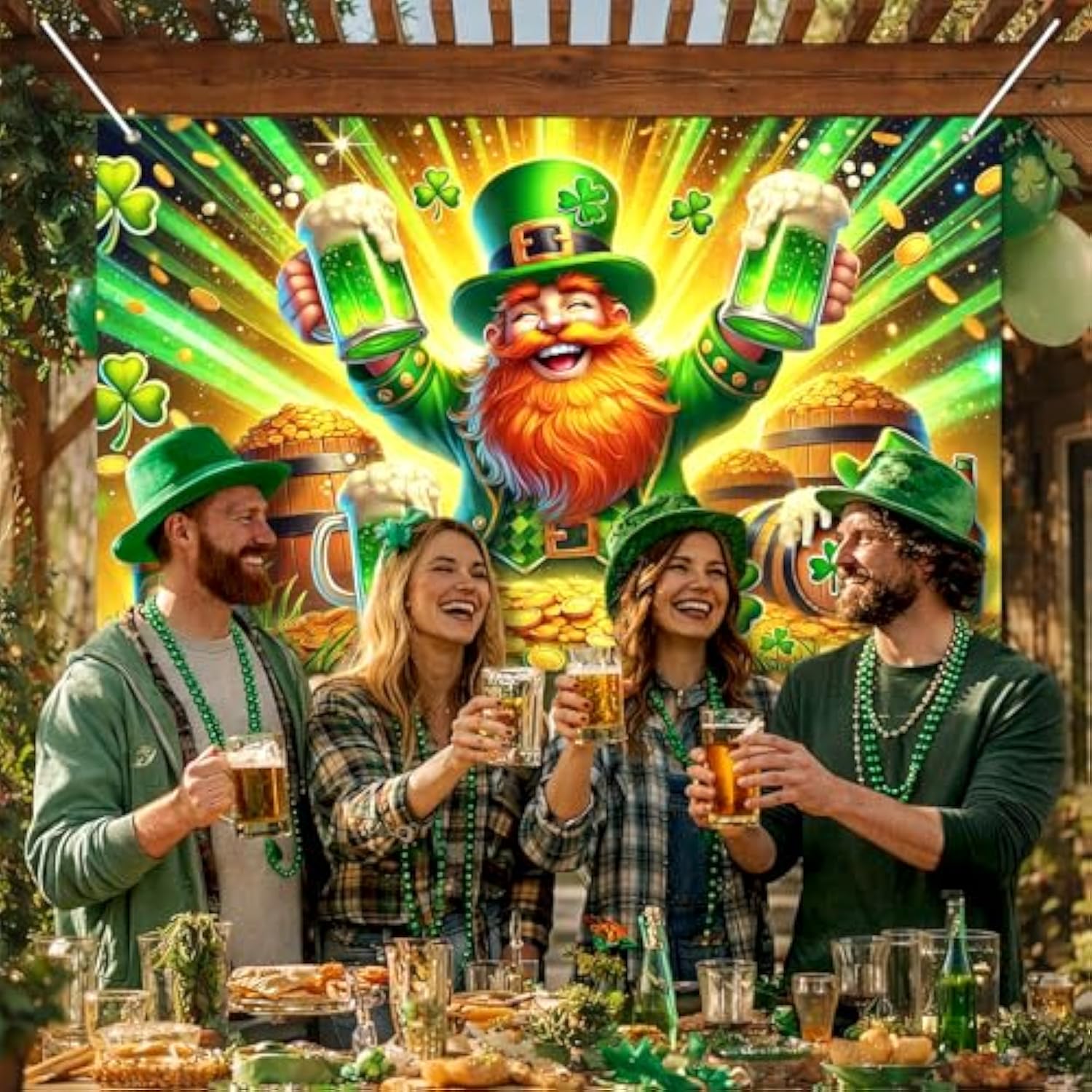 St. Patrick’S Day Banner Green Party Banner Backdrop With Irish Style Character Clover Gold Coins Celebration Banner For Happy St. Patrick’S Day Decorations Photo Background Wall Hanging 71X43 Inch