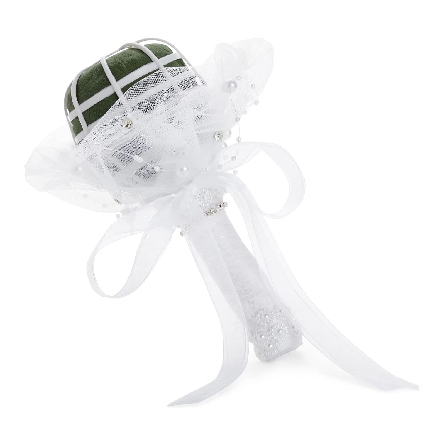 Wedding Bouquet Holder - 3 X 7 In, White Lace & Rhinestones - Foam Bridal Bouquet Holder For Bride & Bridesmaid Fresh & Artificial Flower Arrangements
