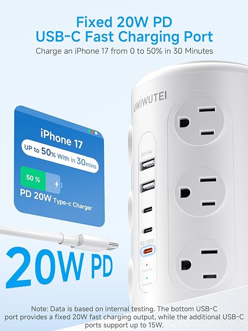 Tower Power Strip 12 Outlets 5 USB Ports 3 USB C PD20W Fast Charging 10FT Extension Cord