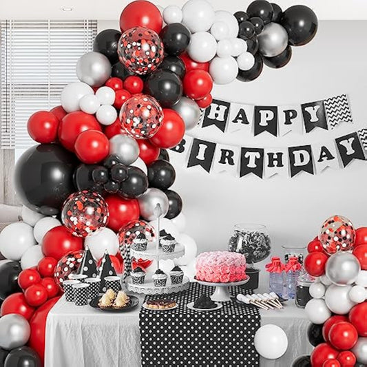 Red Black And White Balloon Garland Arch Kit With Different Size Red Black White Silver Confetti Balloons For Shower Birthday New Year Graduation Wedding Racing Car Poker Party Decorations