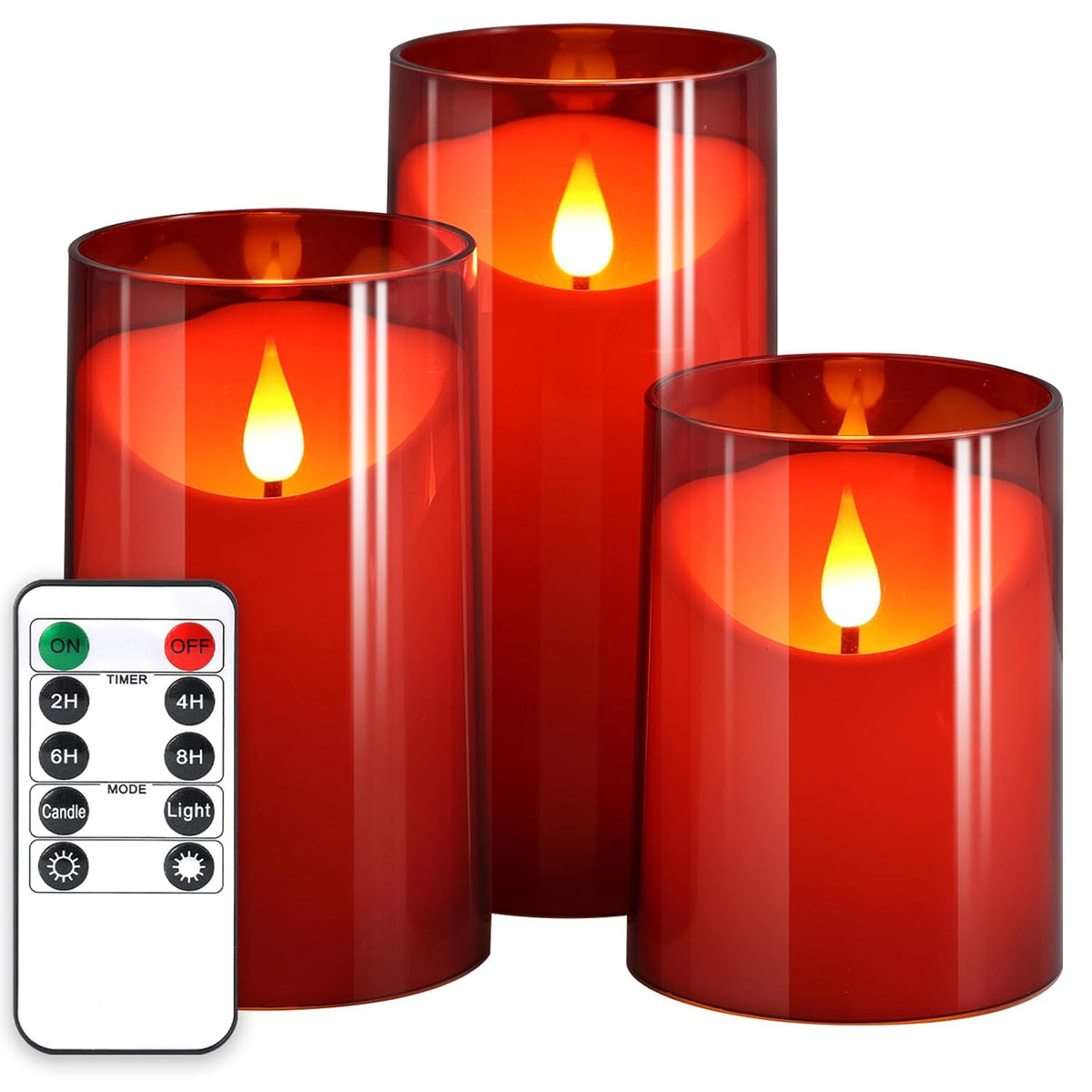 Flameless Candles With Remote Timer: 3D Wick Battery Operated Led Pillar Fake Candle Set For Wedding Birthday Valentine'S Day Christmas Decorations - Red 3 Pack
