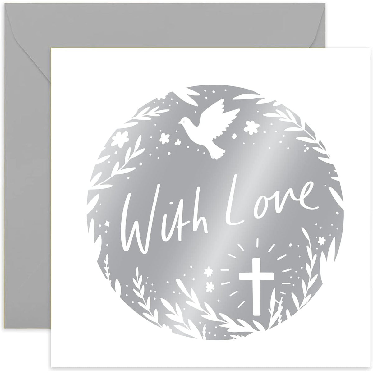 Old English Co. Silver With Love Card - Floral Dove Cross Design Greeting Card For Baptism, Christening, Easter, First Holy Communion - Religious Faith Celebration Card | Blank Inside With Envelope