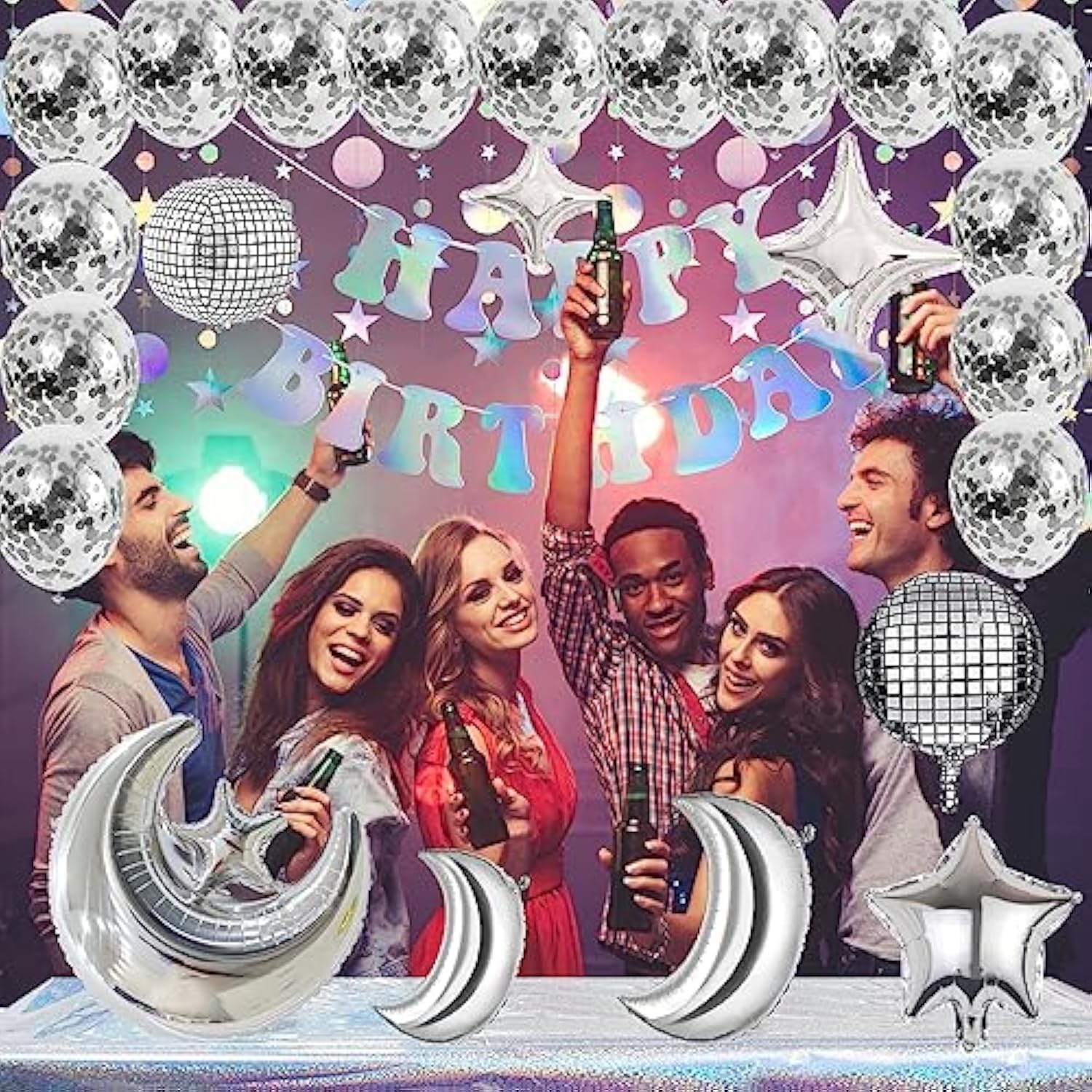 Disco Party Decorations, Iridescent Happy Birthday Banner Cute Foil Birthday Sign Hanging Streamer Balloon For 60S 70S 80S Women Men Cool Retro Boogie Disco Dancing Bachelorette Indoor Home Decor