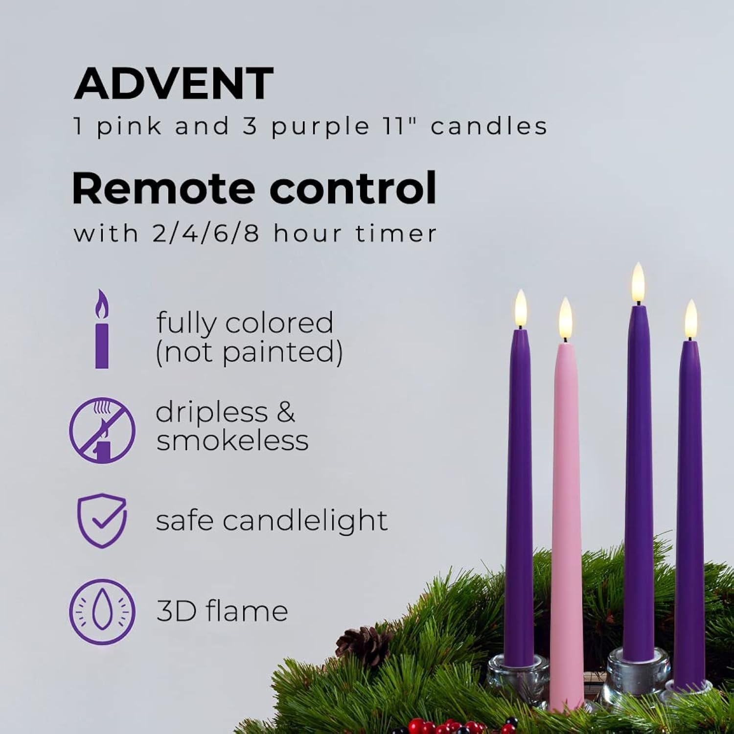 Flameless Advent Candles, Set Of 4 - Flickering Led Flame, 11 Inch Taper Candlesticks, Remote Controlled, Purple And Pink For Christmas Wreath