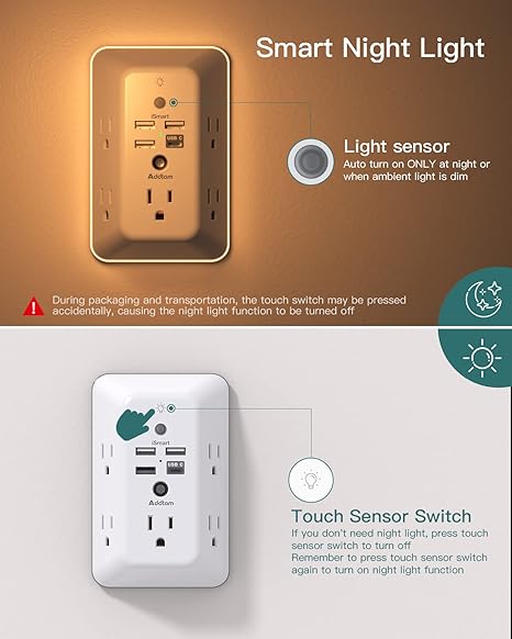 Surge Protector Outlet Extender 5 Outlets 4 USB Ports Night Light 1050J Wall Adapter White
