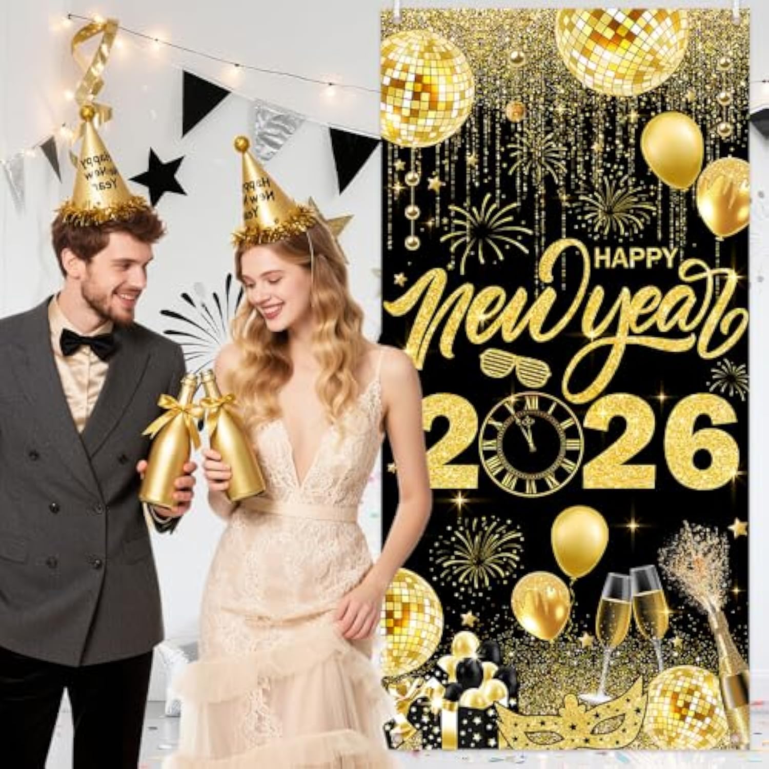 2026 Happy New Year Black & Gold Banner 35.4x70.8 Inch Party Backdrop