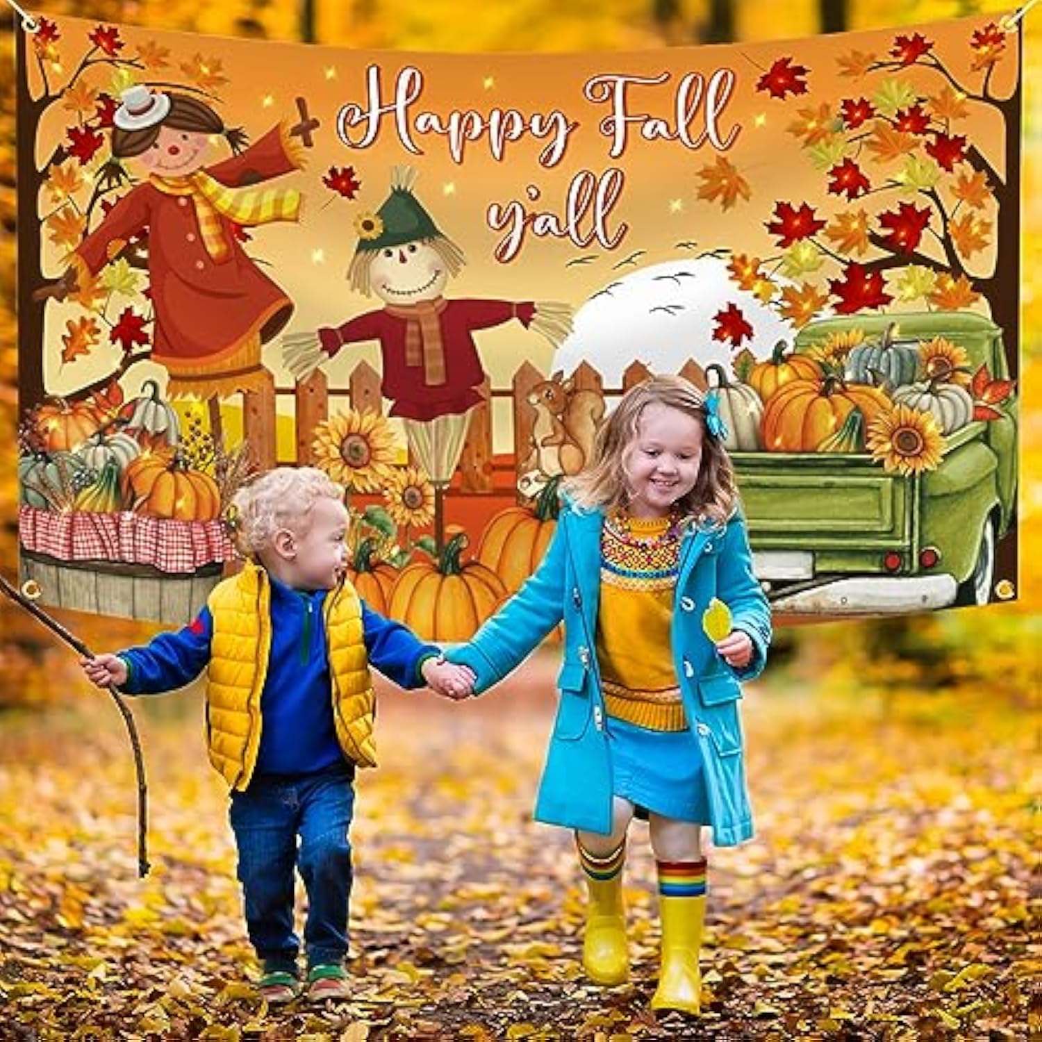 Happy Fall Y'All Backdrop Decorations, Large Polyester Scarecrow Maple Leaves Fall Backdrops Banner For Photography Thanksgiving Party Supplies