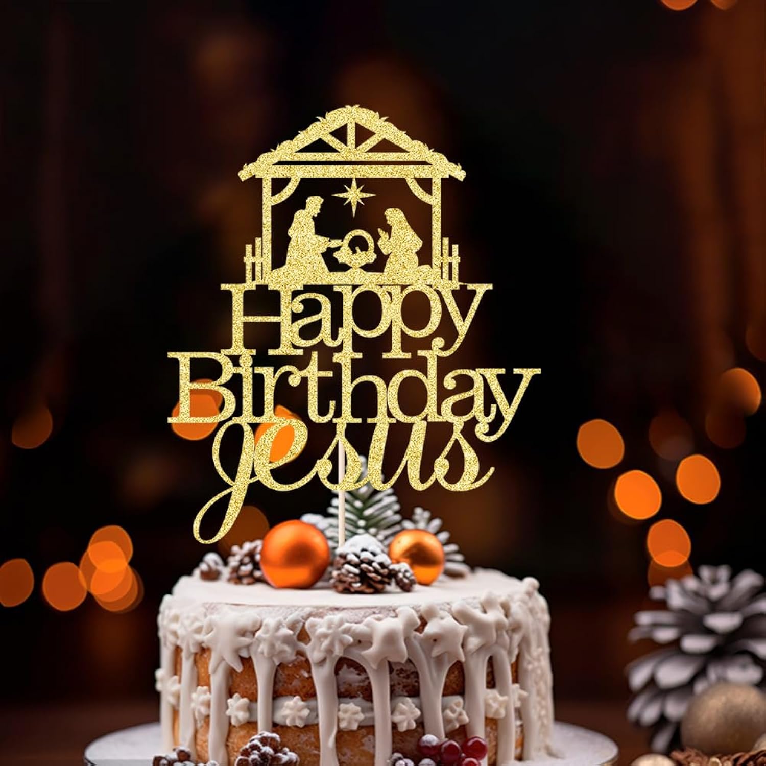 Happy Birthday Jesus Cake Topper, Gold Glitter Jesus Birthday Cake Decorations, Christmas Party Decorations Christmas Religious Decorations