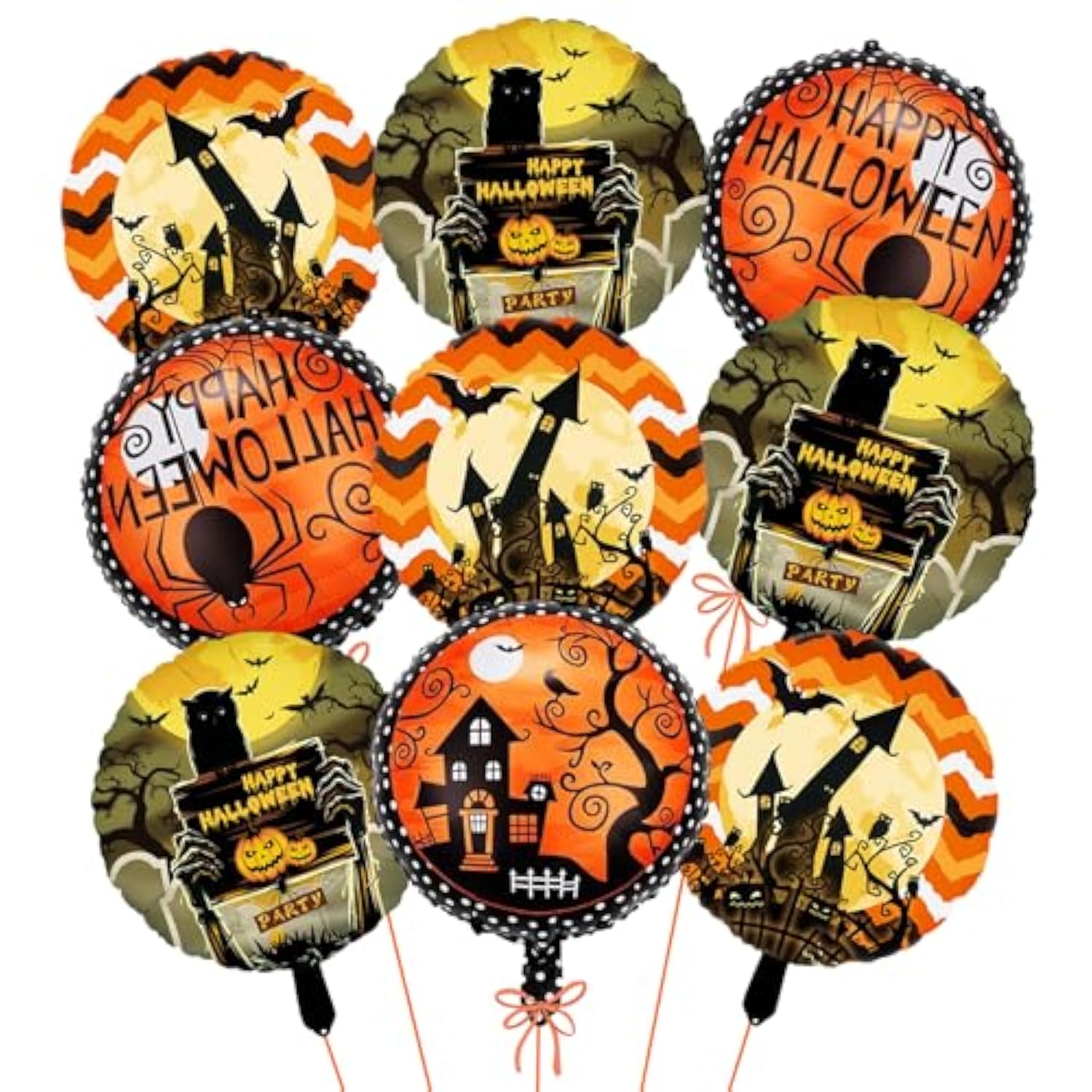 Halloween Foil Balloon Set: 9 Orange, Black Bat, Spider, Pumpkin Decorations
