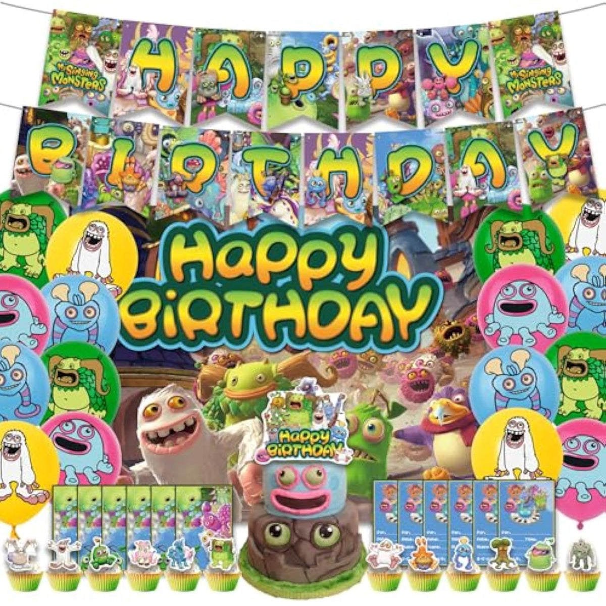 Monster Theme Birthday Party Supplies Includes Cupcake&Cake Topper-Happy Birthday Banner-Background-Balloons-Invitation Card For Kids Monster Party Decoration