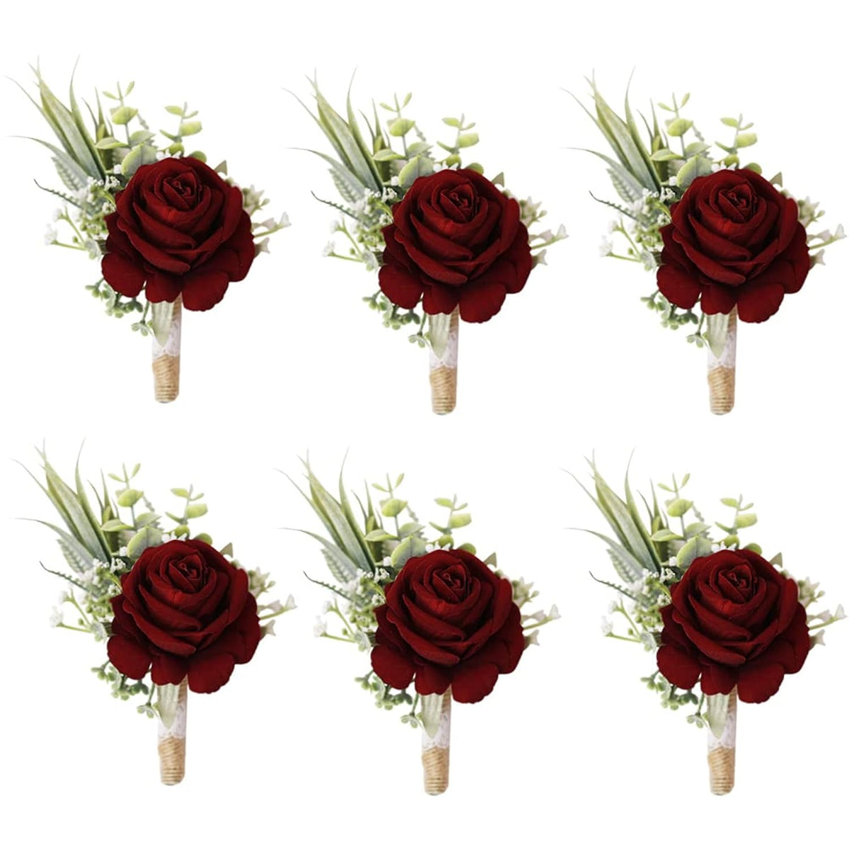 Set Of 6 Wine Red Boutonniere For Best Men Groom Groomsmen Burgundy Buttonholes For Wedding Party Prom Decoration