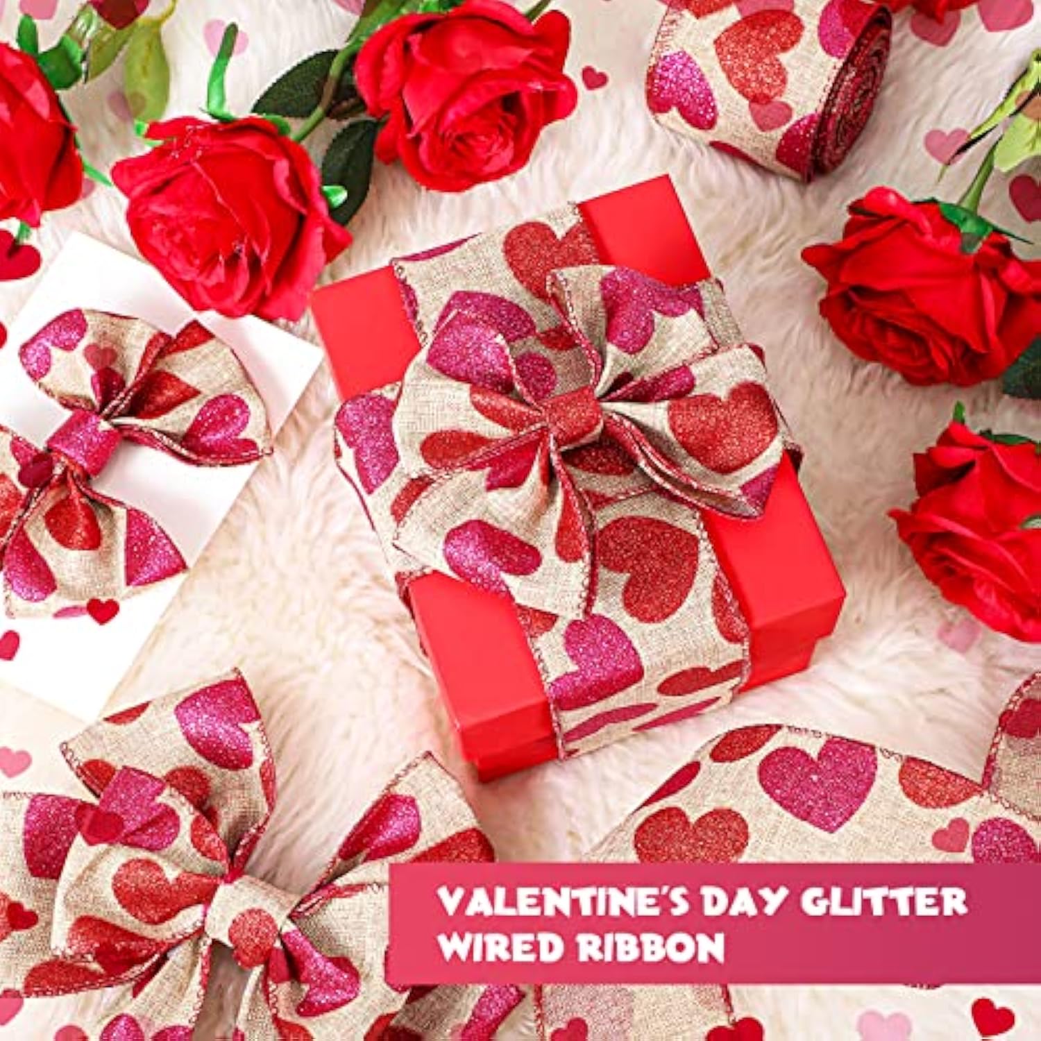 2 Roll 20 Yards Glitter Hearts Wired Edge Burlap Ribbon Valentine Ribb