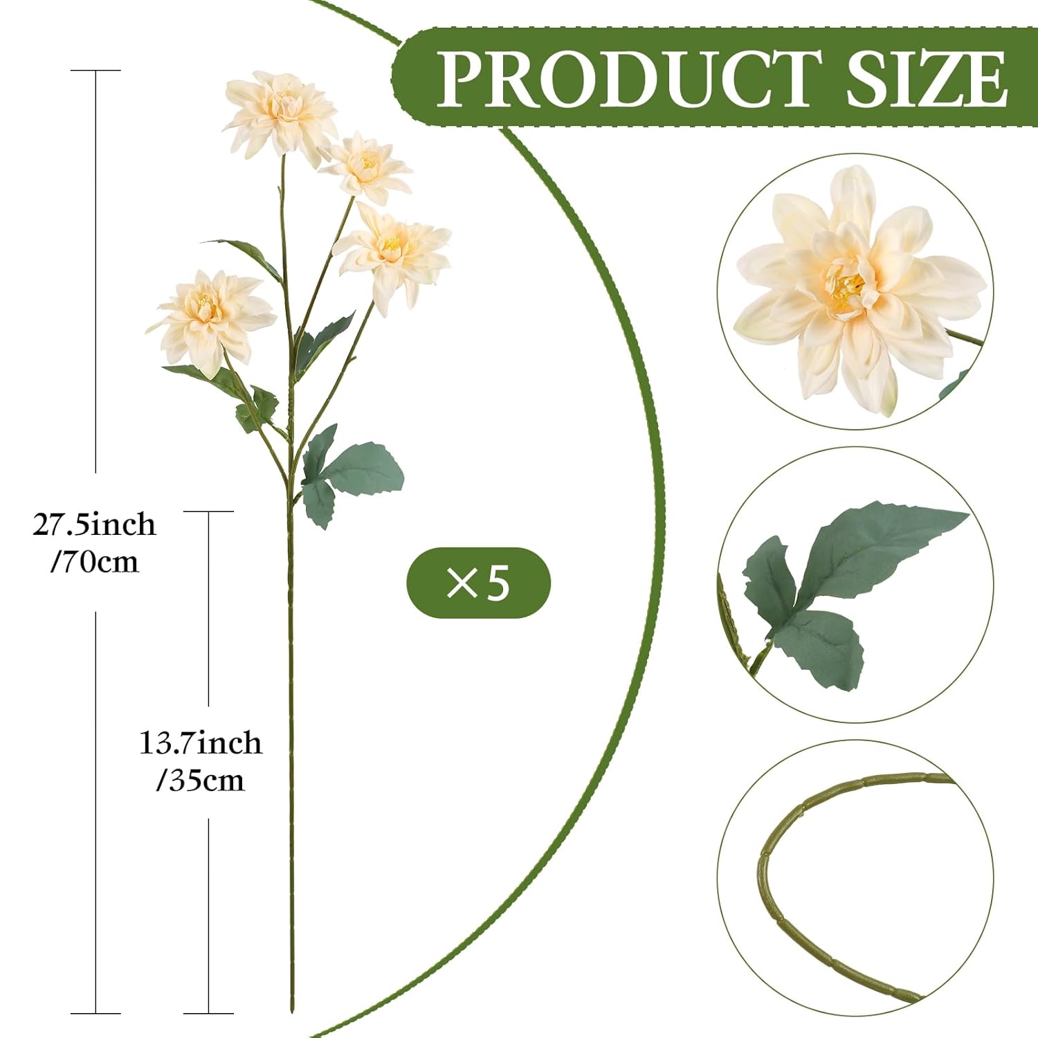 Dahlia Artificial Flowers 5 Pack Realistic Champagne Dahlia 27.5 Inches Floral Long Stem Artificial Flowers For Wedding Bridal Bouquets Floral Arrangement Table Home Decor(Champagne)