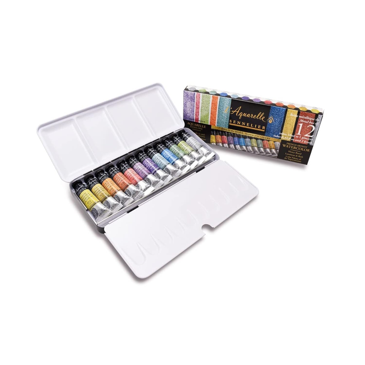 Sennelier French Artists' Watercolor Set, 10ml Tubes, 12-Color Iridescent Tin Set