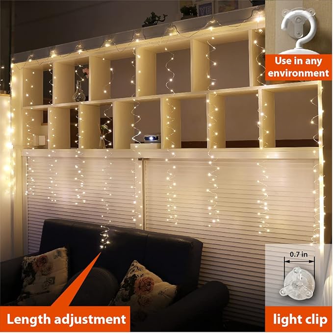 300 LED Curtain Fairy Lights 9.8FT x 9.8FT Warm White USB Plug In with Remote 8 Modes Silver Wire for Bedroom Wedding Party Decor
