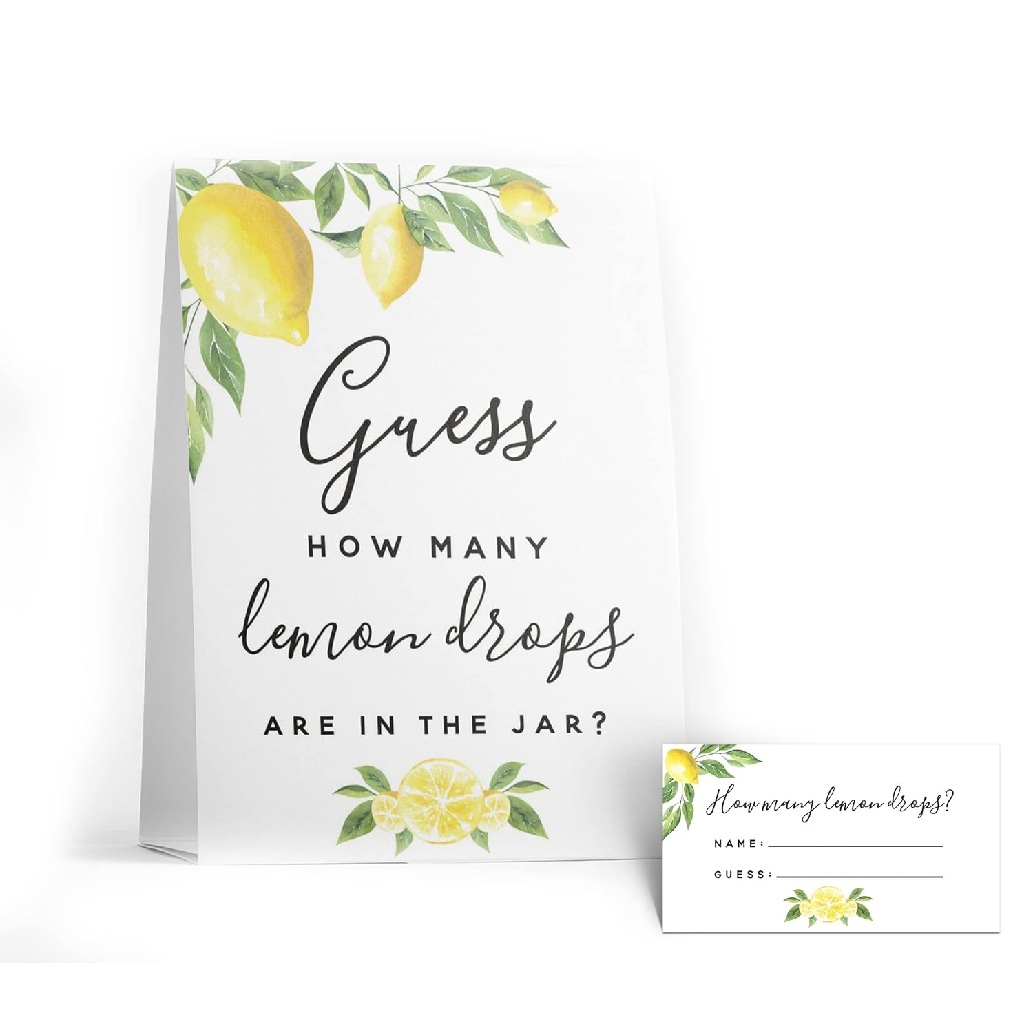 Guess How Many Lemon Drops Game - Perfect For Baby Showers, Weddings, Bridal Showers, Birthdays, And More - Includes 1 Self-Standing Sign And 50 Guessing Cards