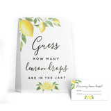 Guess How Many Lemon Drops Game - Perfect For Baby Showers, Weddings, Bridal Showers, Birthdays, And More - Includes 1 Self-Standing Sign And 50 Guessing Cards