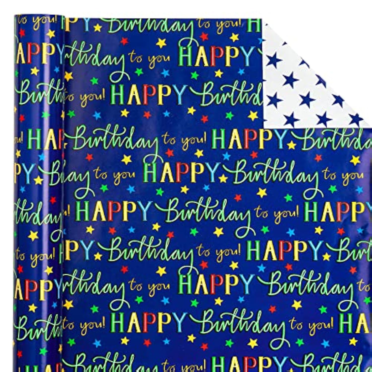 Reversible Birthday Wrapping Paper - Mini Roll - 17 Inch X 33 Feet - Blue Star Happy Birthday Wrapping Paper For Men, Adult, Boy, Baby Shower, Holiday