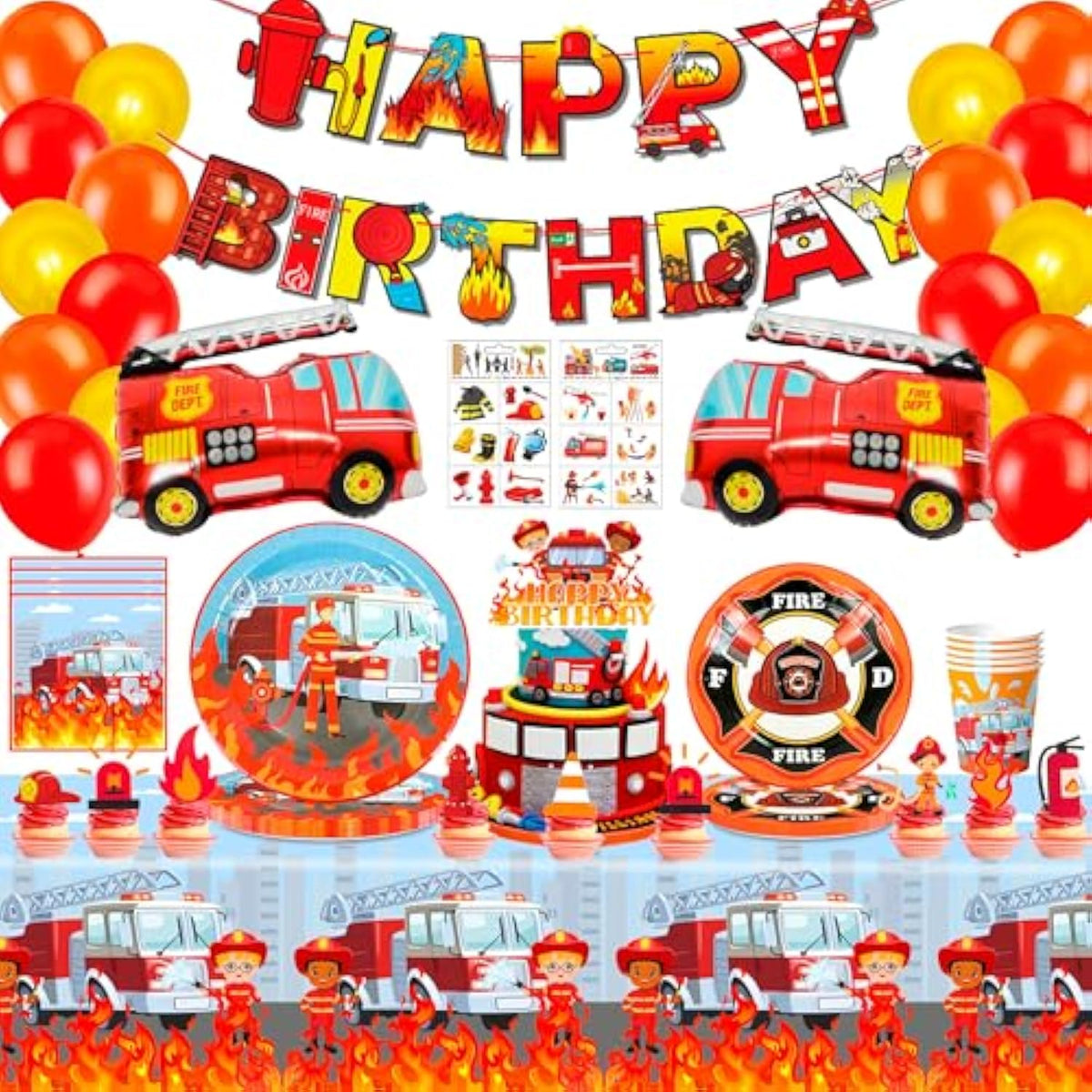 Fire Truck Birthday Party Supplies,16 Guests Fire Truck Party Tableware, Firetruck Decorations Balloons Plates Napkins Tablecloth Etc Fireman Birthday Party Decorations