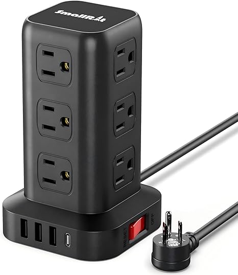 Power Strip Tower 12 Outlets 4 USB Ports 6.5FT Extension Cord Black