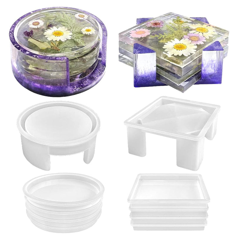 Resin Coaster Molds Set - 10 Pc Silicone Molds Kit, Storage Box For Resin Casting, Square & Round Coaster Epoxy Resin Molds