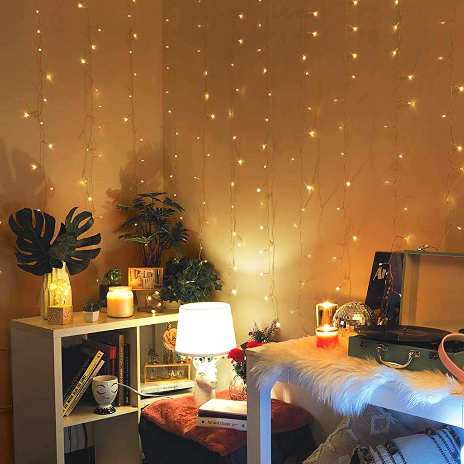 Fiee Curtain Lights,13Ftx6.5Ft Safety Window Curtain Icicle String Lights 30V 8 Modes For Christmas Wedding Party Family