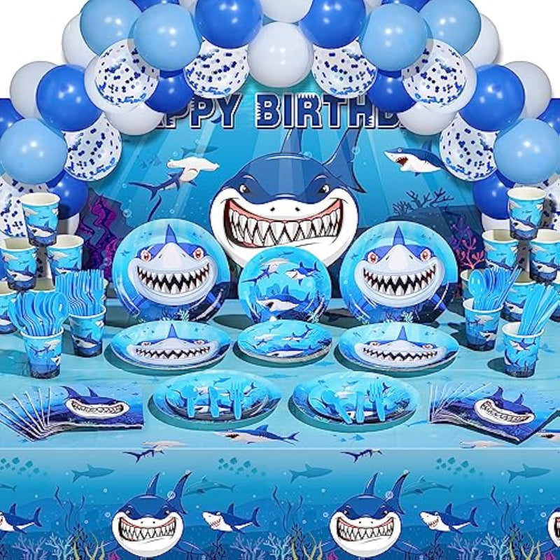 Shark Theme Birthday Party Decorations Shark Party Supplies 165 Pcs With Birthday Plates, Napkins, Cups, Tablecloths, Backdrop, Balloons Tableware Set Boy Under Sea Ocean Party Decor 16 Guest