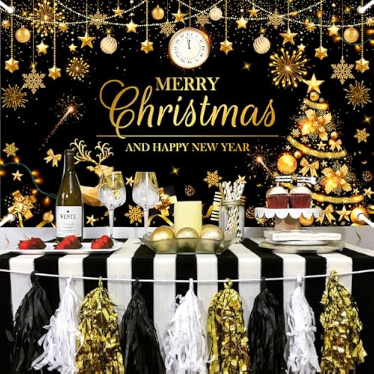 Merry Christmas Happy New Year Black and Gold Party Banner