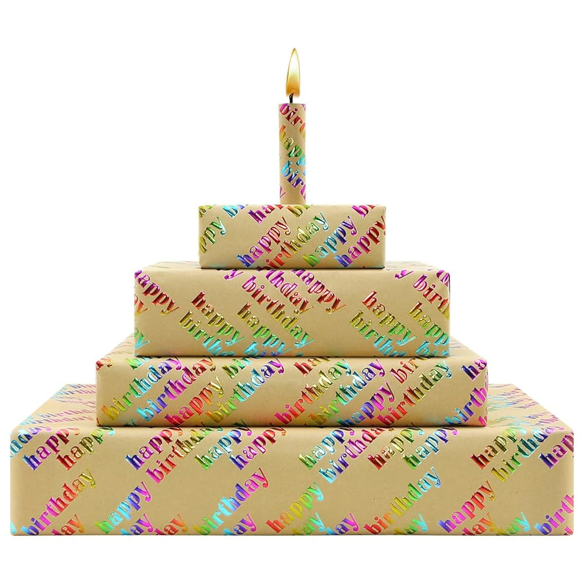 Multi-Colored Foil "Happy Birthday" Lettering On Brown Recyclable Kraft Wrapping Paper -1 Mini Roll 17 X 10 Ft Per Roll 14.1 Sq.Ft.Ttl- Glitter Iridescent Recycled Gift Wrap For Diy Crafts Celebration Party, Holiday, Baby Shower