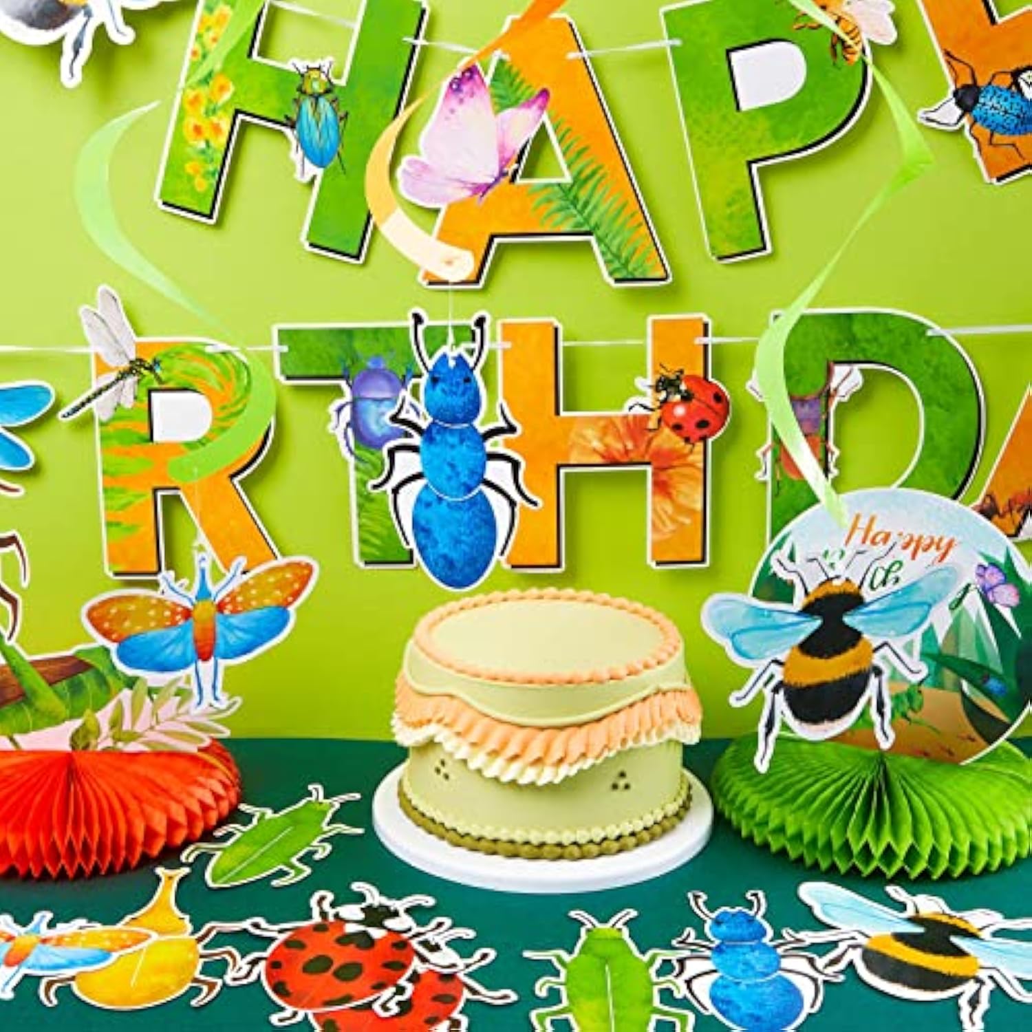 28pcs Bug Party Decorations – Insect Banner, Swirls & Centerpieces for Kids Birthday or Baby Shower