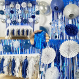 Navy Blue White Silver Party Decorations,46Pcs Kit Balloon Paper Pompom Tassel Garland Men Blue And Silver Graduation Decorations Wedding Baby Bridal Shower Birthday Decor