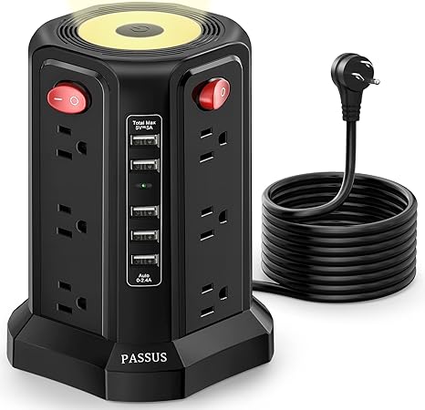 Tower Surge Protector Power Strip 12 Outlets 5 USB Ports Night Light 10FT Extension Cord Black