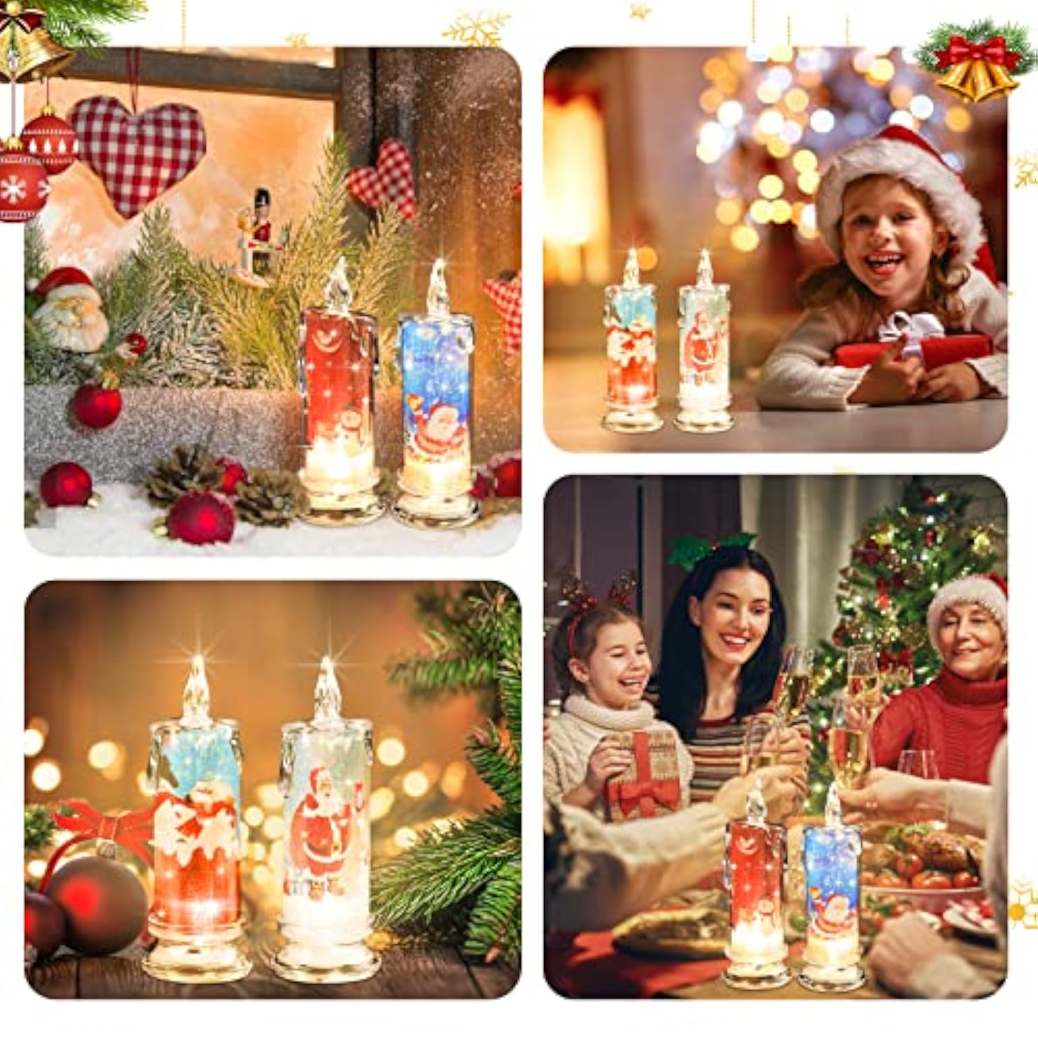 Flameless Led Candles Set Of 4 With Santa Claus, Snowman Decals - Battery Operated Christmas Themed Festival Gift Decorations