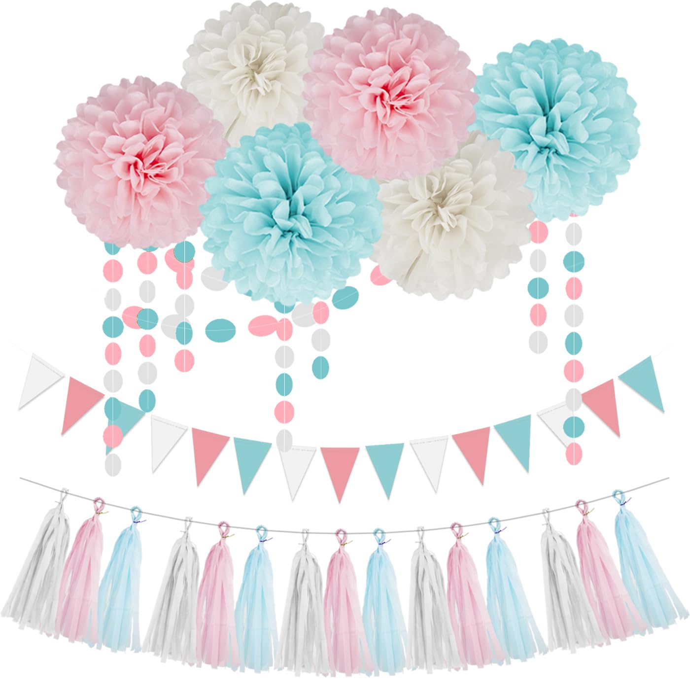Gender Reveal Decorations Blue Pink - 23pcs Tissue Paper Flowers Pom Poms Banner Tassel Garland Streamers Baby Gender Reveal Theme Decor White Birthday Hanging Decor Ideas Supplies