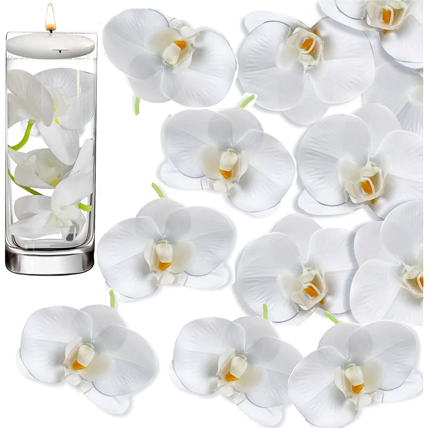 20 Pcs White Artificial Orchid Flower For Floating Candle Centerpieces, Faux Flower Head And Stem Diy Crafts Bouquet For Bridal Bouquets Flower Arrangements Table Centers Home Decor.