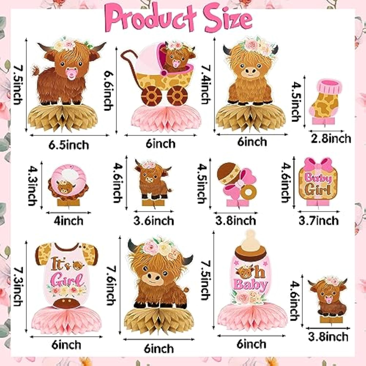 12Pcs Pink Highland Cow Honeycomb Centerpieces Floral Highland Cattle