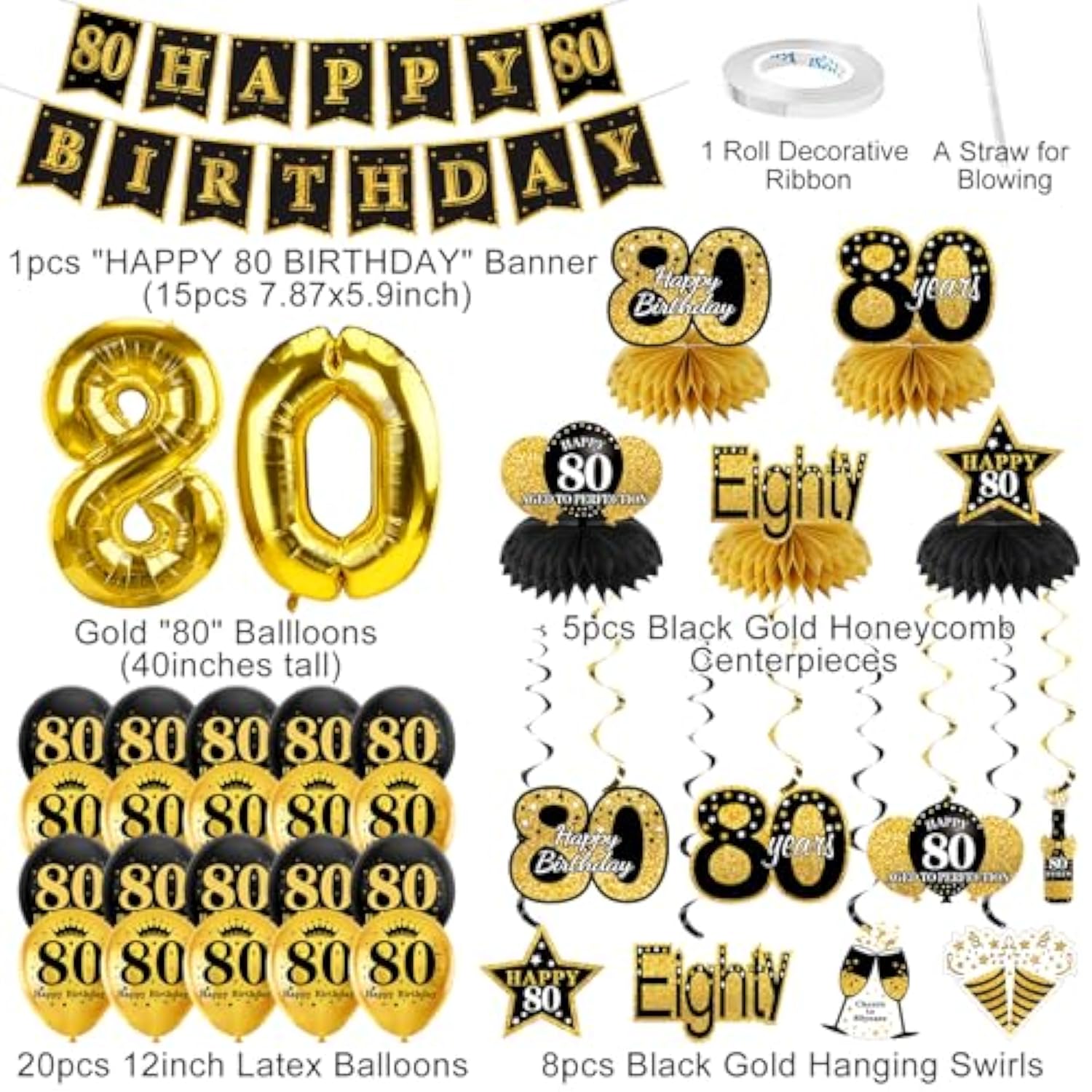 36Pcs Black Gold 80th Birthday Decor Kit with Banner, Balloons & Centerpieces